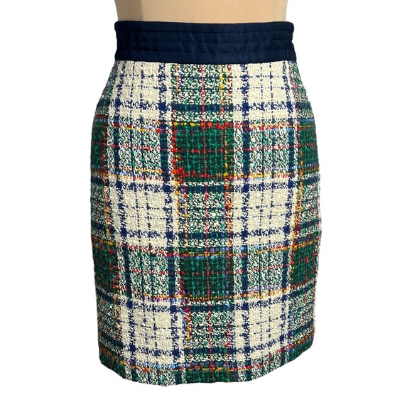 Tory Burch Green Red Blue Gold Purple Cream Tartan Plaid Tweed Skirt Size 6 - Picture 6 of 13
